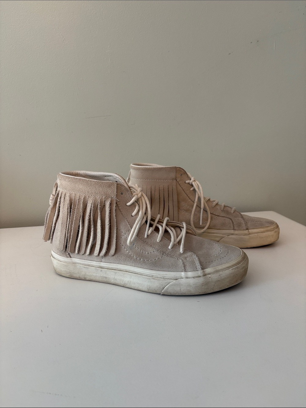 Fringe Vans Suede High-Top Sneakers in Beige